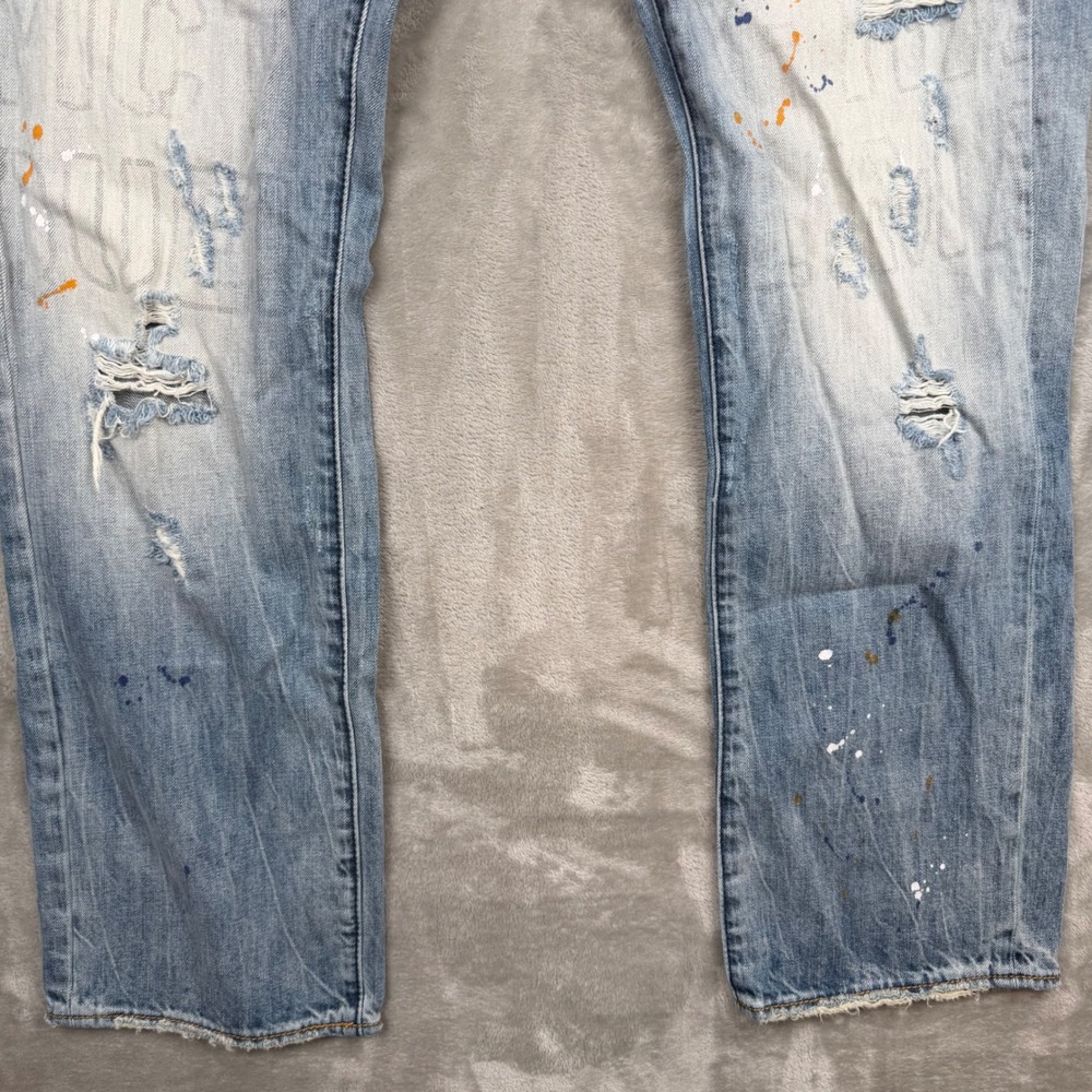 AKOO Mens Distressed Patchwork Jeans Light Wash Paint Splatter Denim Size 38 - Picture 8 of 16